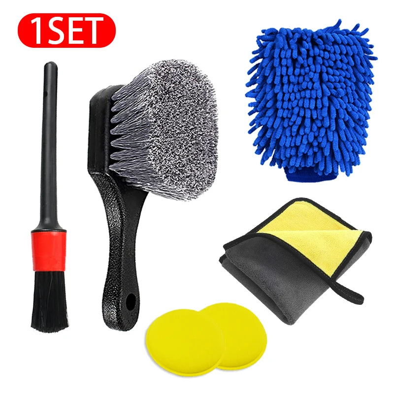 SEAMETAL Car Wheel Brush Set Tire and Rim Cleaning Brush Car Detailing Washing Kit Tools Include Car Wash Glove Sponge Towel