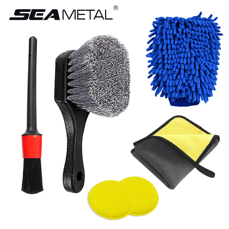 SEAMETAL Car Wheel Brush Set Tire and Rim Cleaning Brush Car Detailing Washing Kit Tools Include Car Wash Glove Sponge Towel