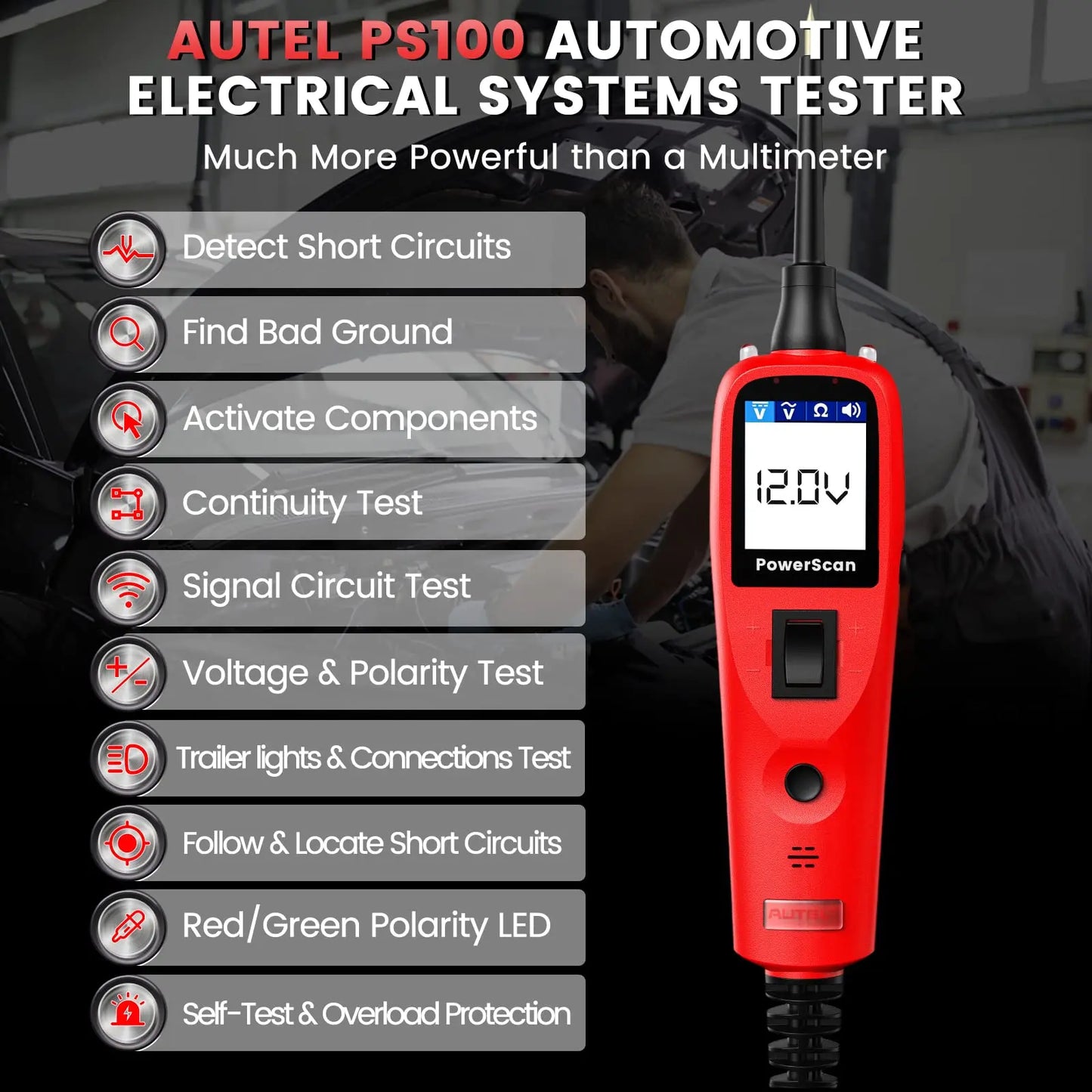 PS100 Power Circuit Probe Tester Automotive 12V 24V Electrical System Diagnostic Power Scan Tool Read Digital Volt Meter
