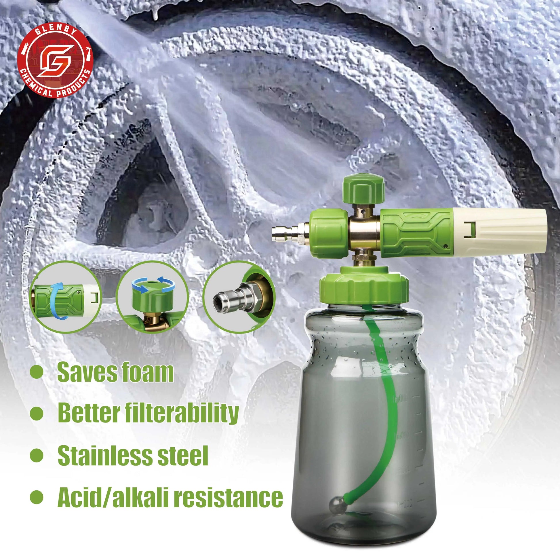 High Pressure Acid Alkali Resistance Green 1L Car Wash Snow Foam Lance Car Cleaning Cannon PA Foam Cannon for Car Care Product