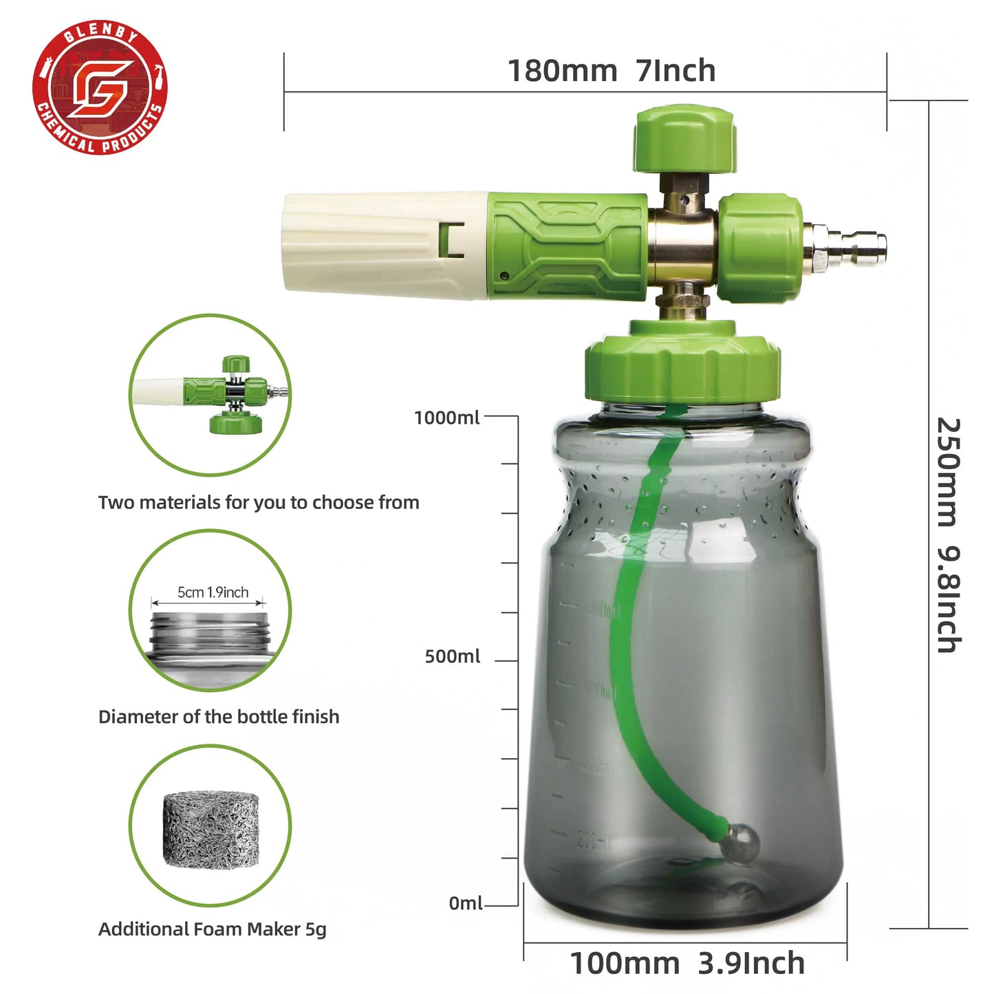 High Pressure Acid Alkali Resistance Green 1L Car Wash Snow Foam Lance Car Cleaning Cannon PA Foam Cannon for Car Care Product