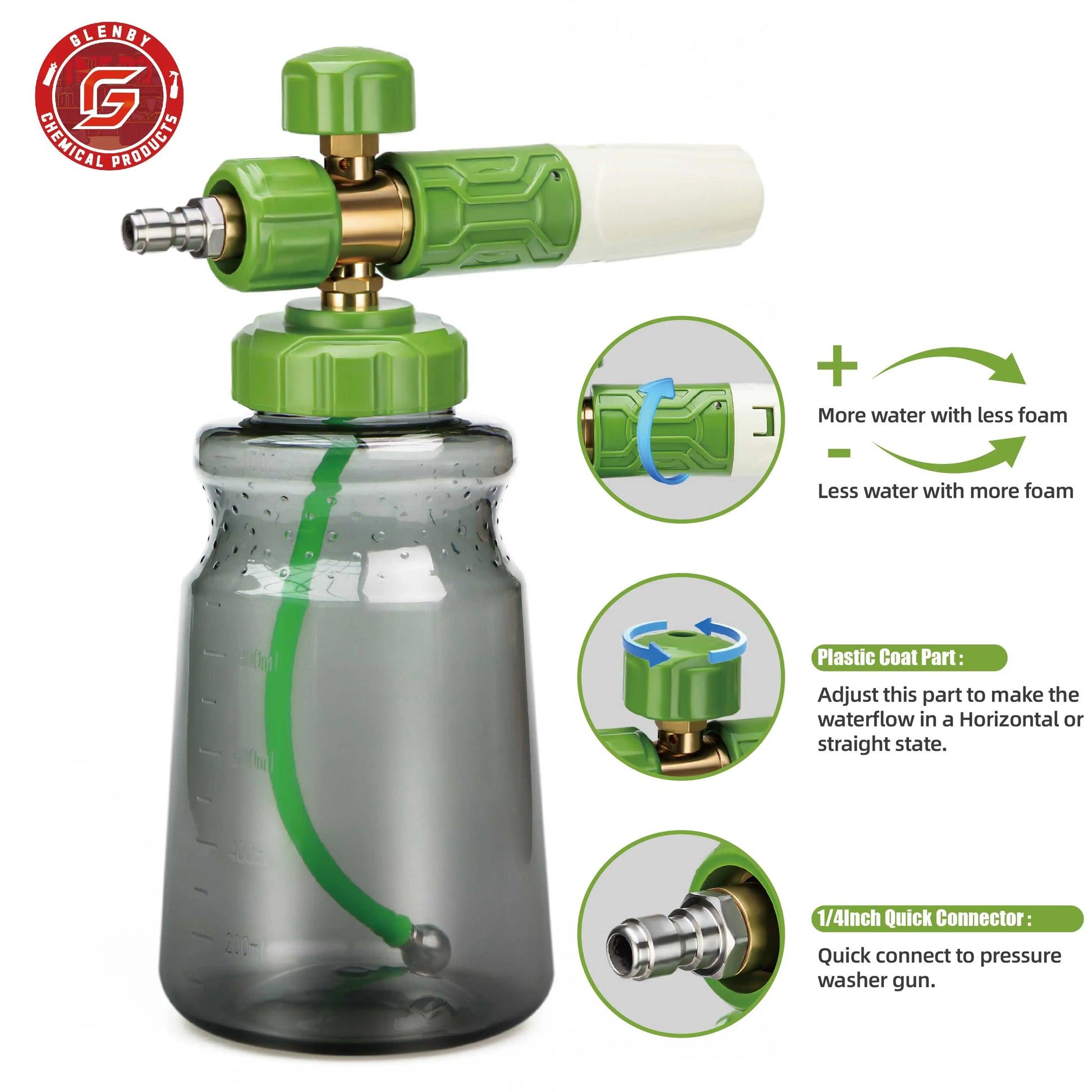 High Pressure Acid Alkali Resistance Green 1L Car Wash Snow Foam Lance Car Cleaning Cannon PA Foam Cannon for Car Care Product