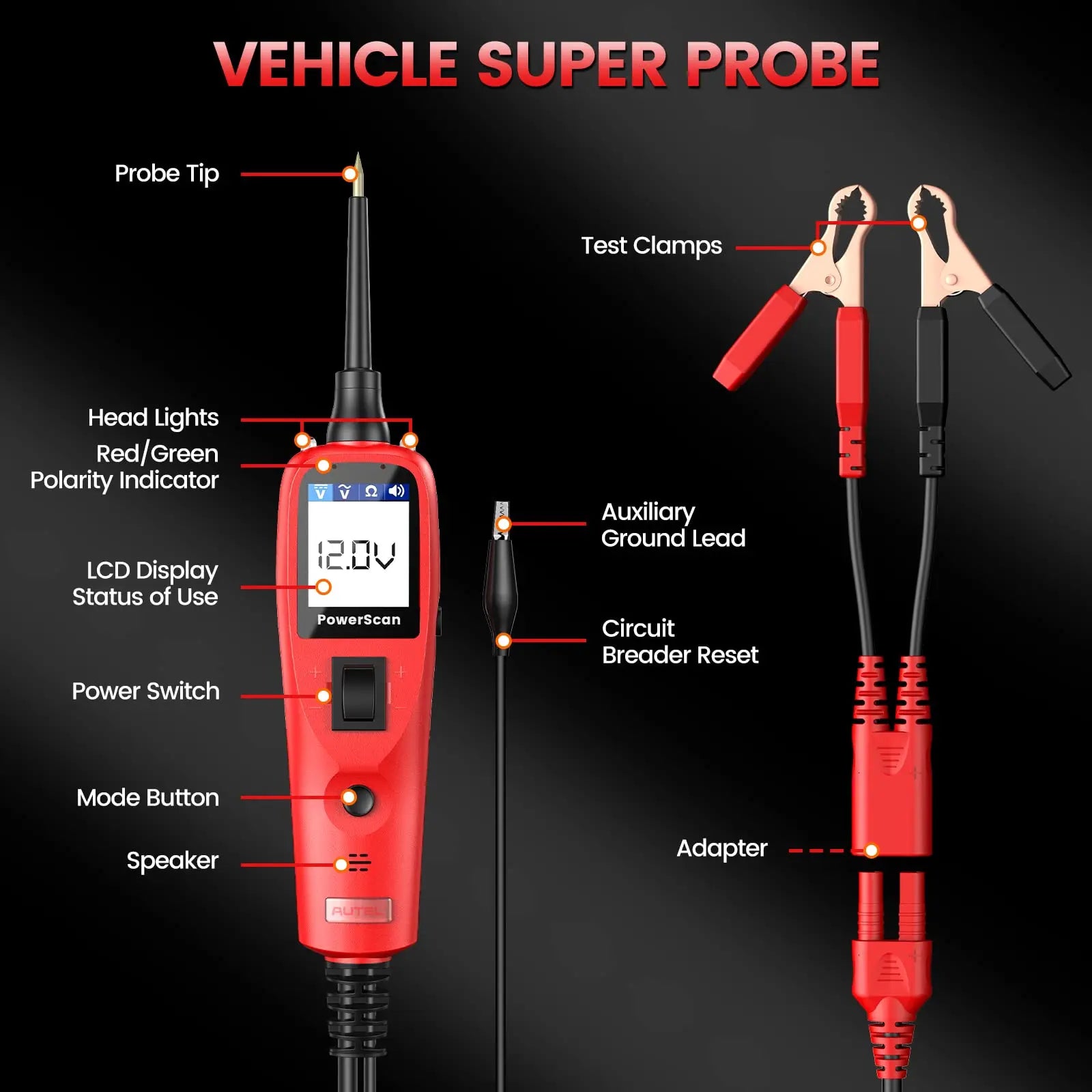 PS100 Power Circuit Probe Tester Automotive 12V 24V Electrical System Diagnostic Power Scan Tool Read Digital Volt Meter