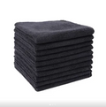 Stack of black microfiber cleaning cloths
