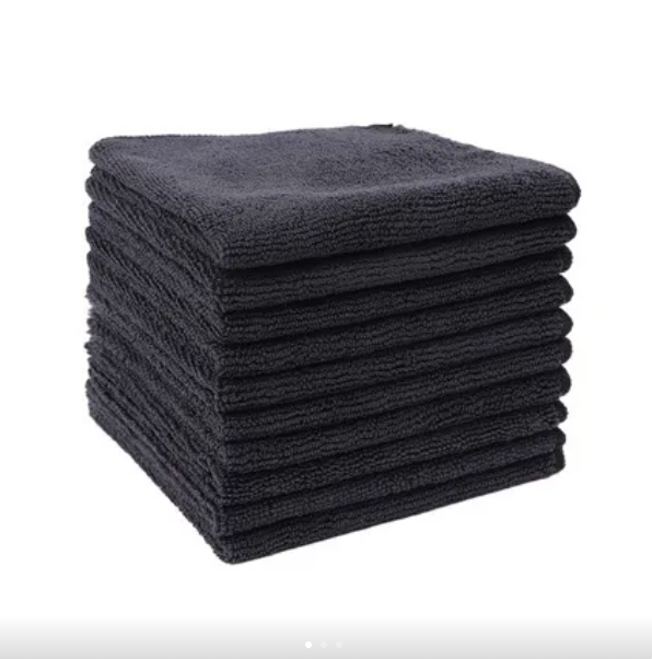 Stack of black microfiber cleaning cloths