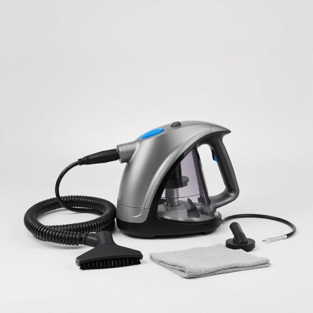 High-pressure handheld steam cleaner with hose and brush attachments